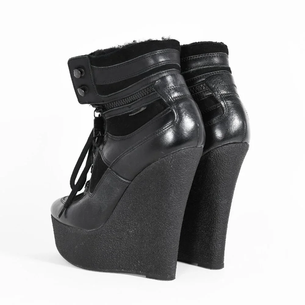 Burberry Black Leather Lace-Up Wedge Boots Women’s Size 38 - Picture 6 of 16